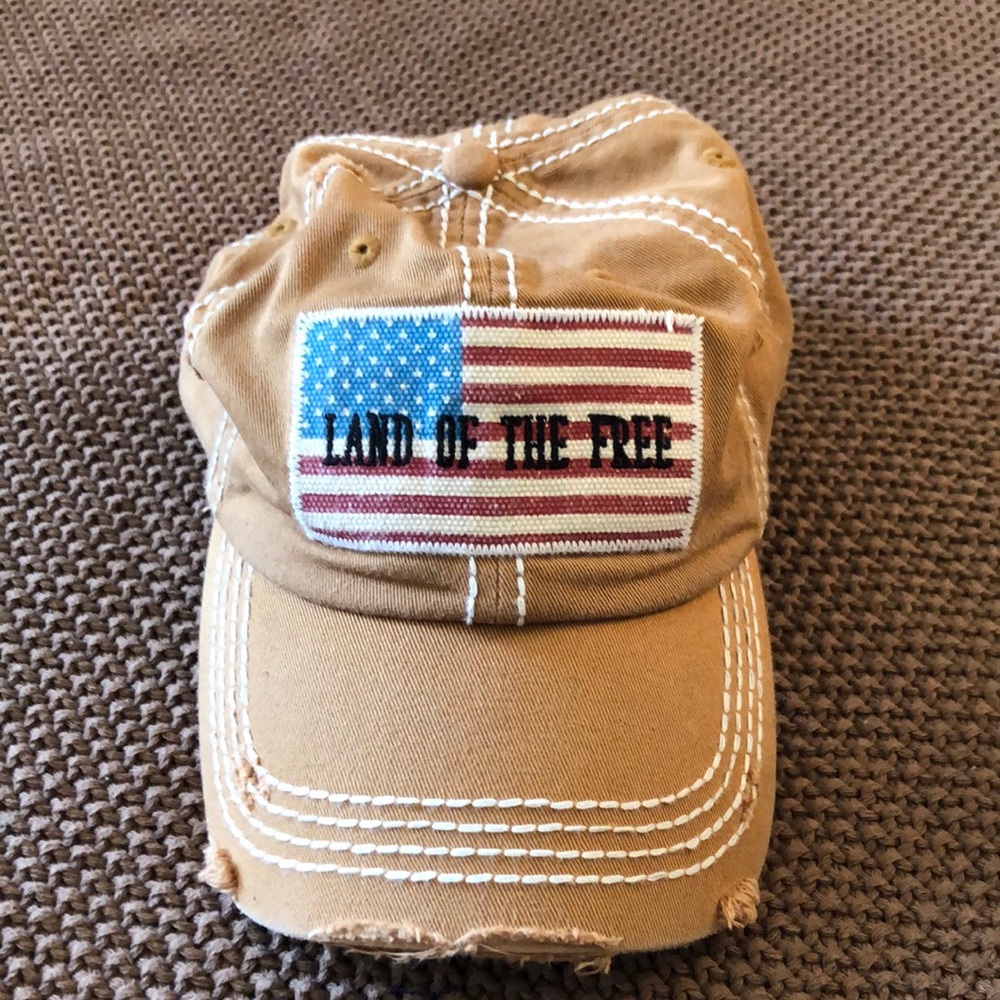 Tan Distressed Cap with American Flag Patch